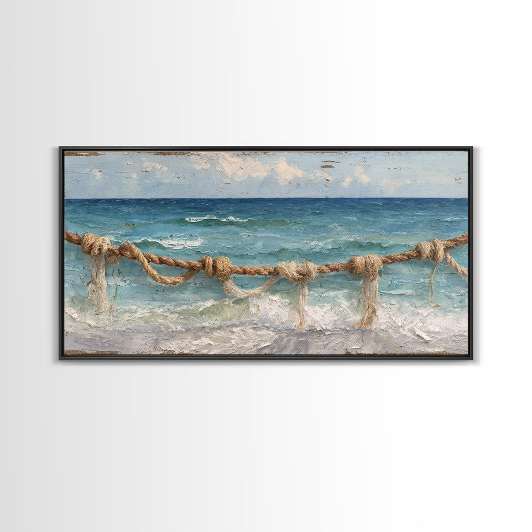 Weathered Nautical Rope and Brass Compass Framed Canvas Print, Coastal Art, Coastal Decor, Oil Painting, Coastal, COA-2x1-35