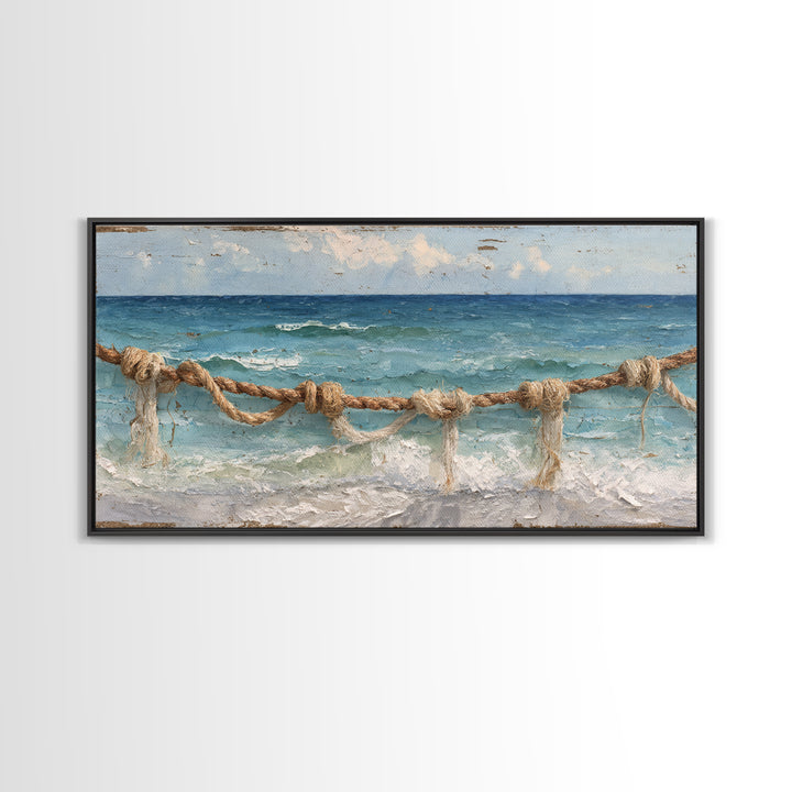 Weathered Nautical Rope and Brass Compass Framed Canvas Print, Coastal Art, Coastal Decor, Oil Painting, Coastal, COA-2x1-35
