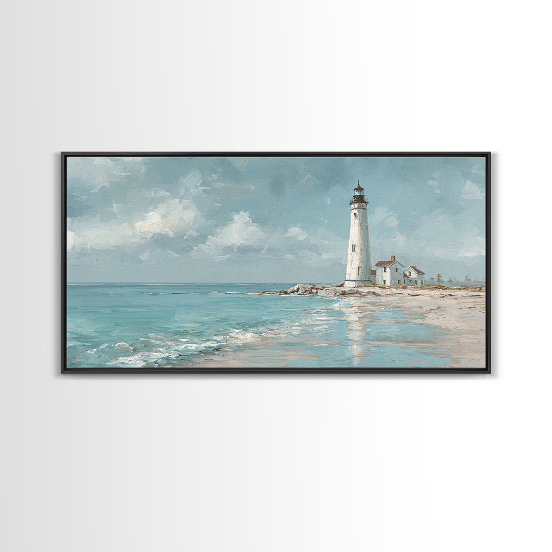 Whitewashed Lighthouse Against Cloudy Sky Framed Canvas Print, Coastal Art, Minimalist Decor, Coastal Decor, Fine Art, Coastal, COA-2x1-50