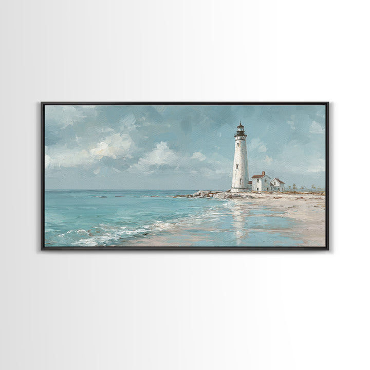 Whitewashed Lighthouse Against Cloudy Sky Framed Canvas Print, Coastal Art, Minimalist Decor, Coastal Decor, Fine Art, Coastal, COA-2x1-50