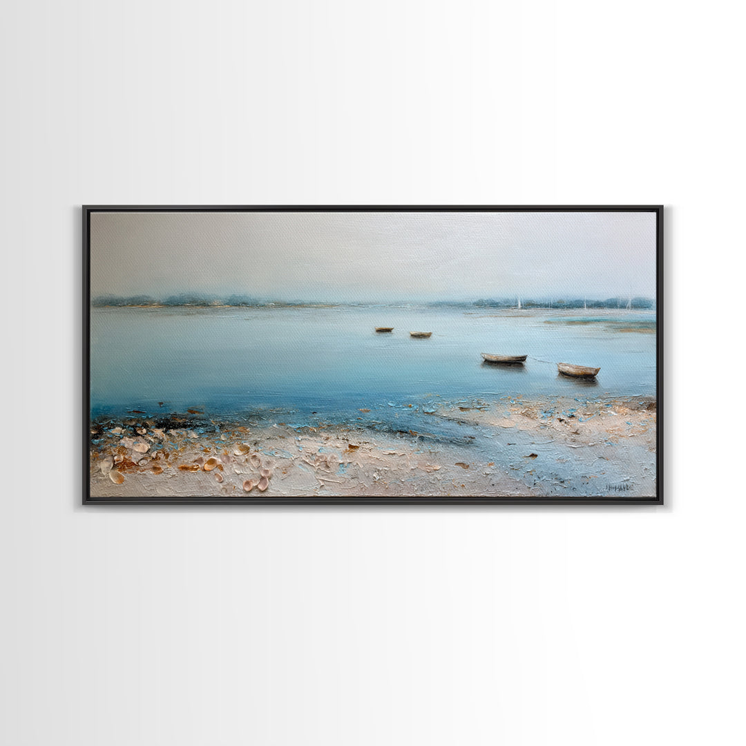 Foggy Harbor with Distant Boats Framed Canvas Print, Coastal Art, Original Painting, Coastal Decor, Fine Art, Coastal, COA-2x1-56