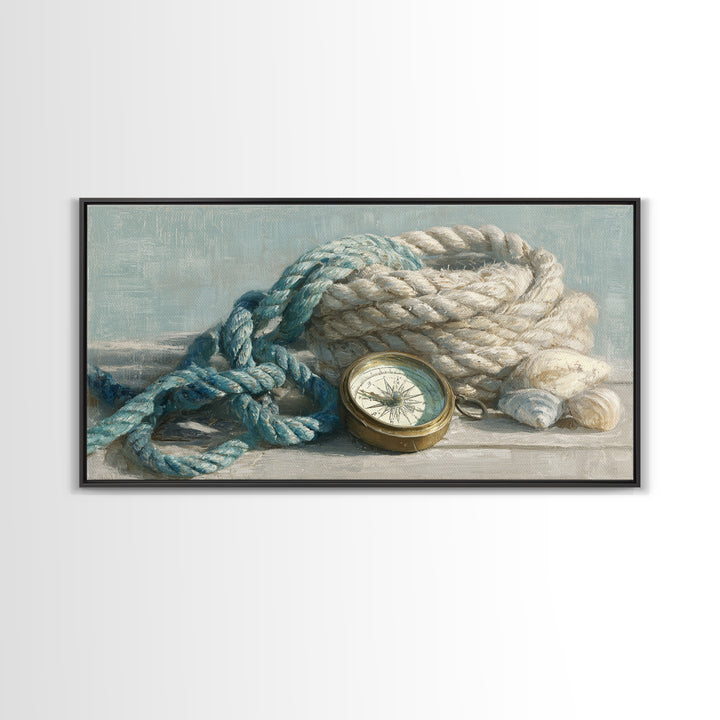 Weathered Nautical Rope and Brass Compass Framed Canvas Print, Coastal Art, Landscape Painting, Coastal Decor, Watercolor Art, COA-2x1-59