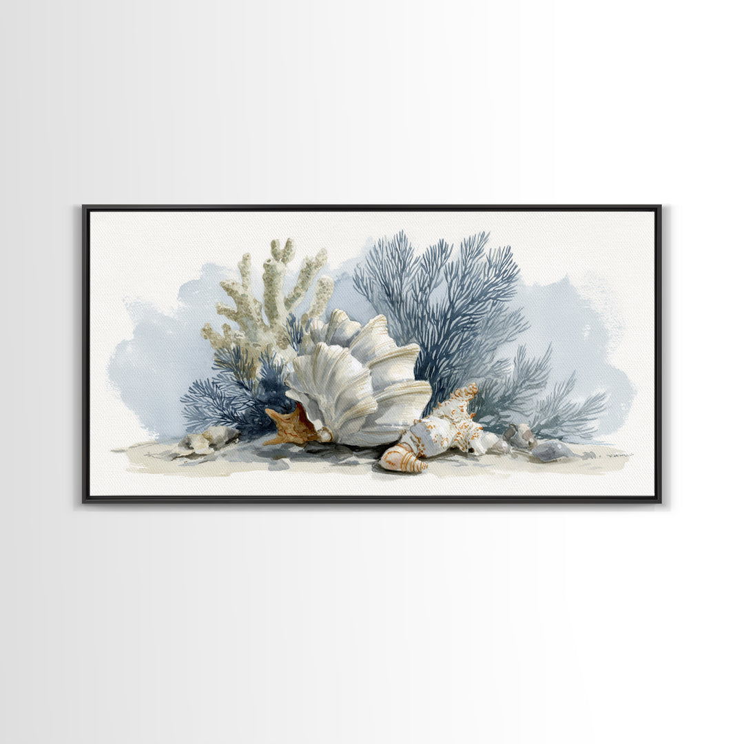 Shell and Coral Specimen Arrangement Framed Canvas Print, Coastal Art, Wall Decor, Coastal Decor, Coastal, Nautical Decor, COA-2x1-7