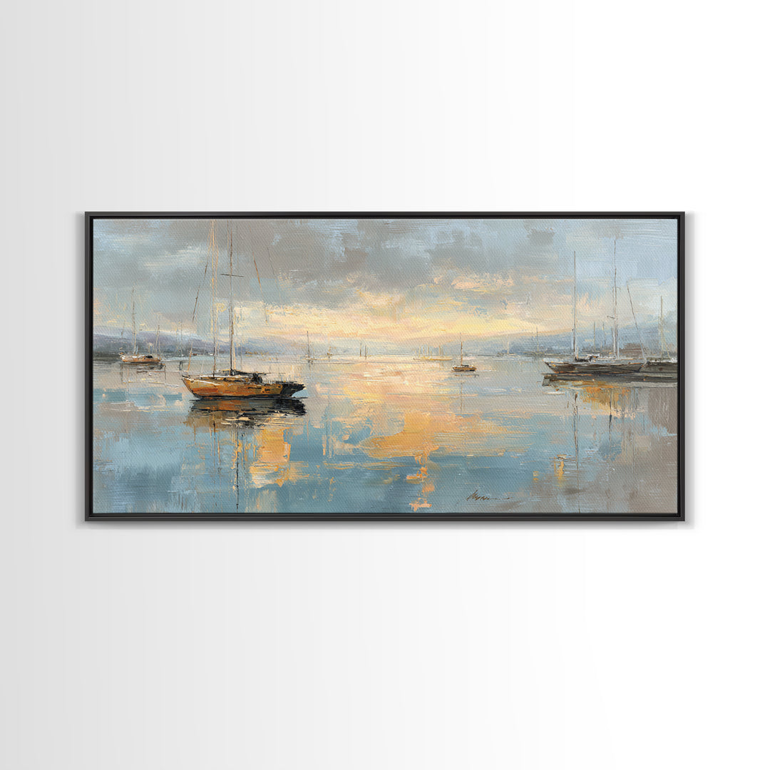 Foggy Harbor with Distant Boats Framed Canvas Print, Coastal Art, Coastal Decor, Fine Art, Coastal, Oyster Art, Gallery Decor, COA-2x1-80