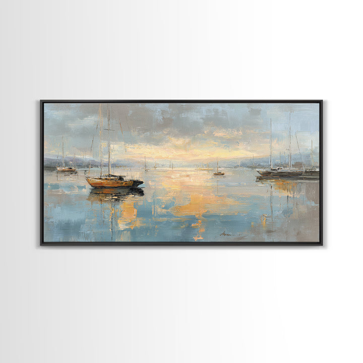 Foggy Harbor with Distant Boats Framed Canvas Print, Coastal Art, Coastal Decor, Fine Art, Coastal, Oyster Art, Gallery Decor, COA-2x1-80