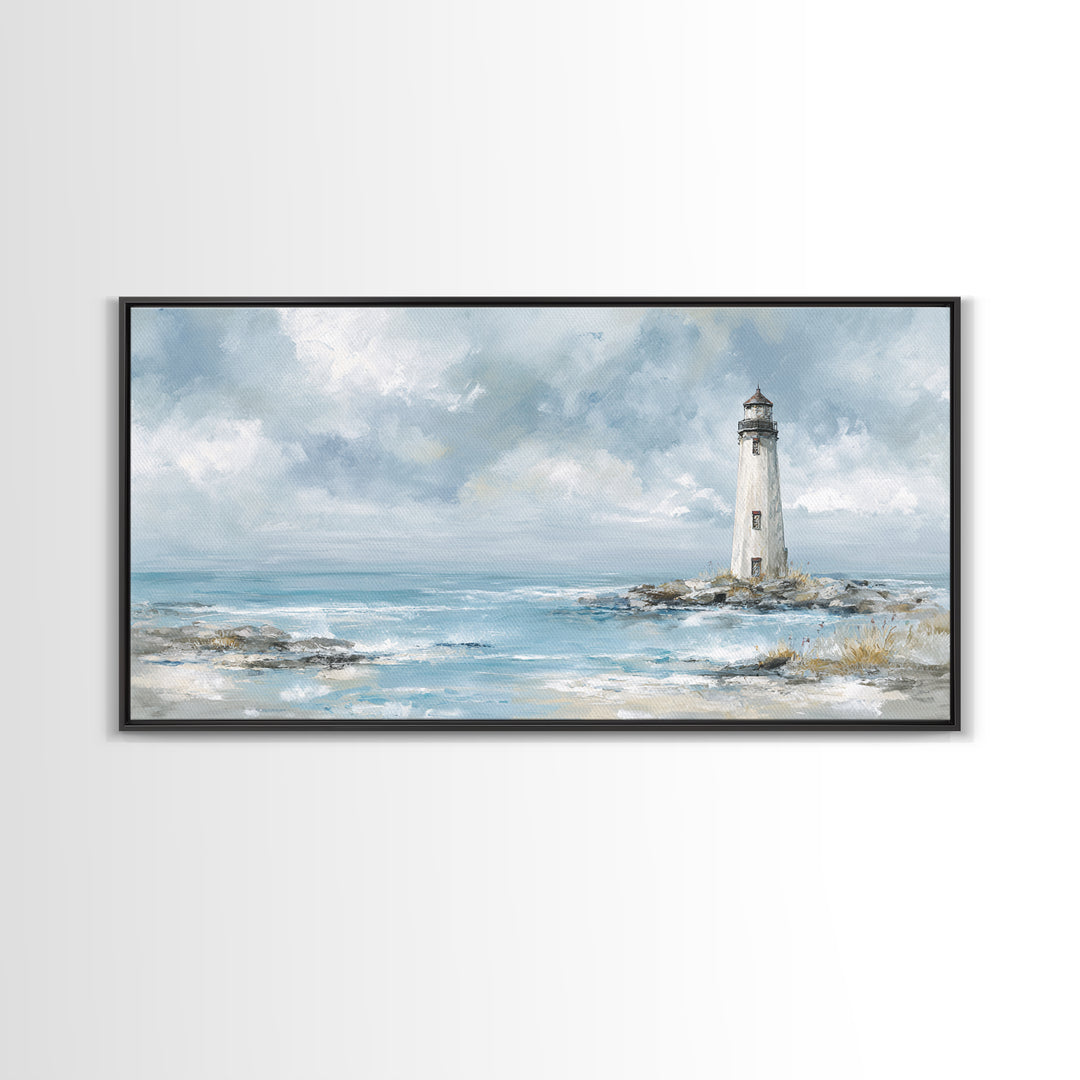 Whitewashed Lighthouse Against Cloudy Sky Canvas Print, Coastal Art, Printable Wall Art, Coastal Decor, Watercolor Art, Coastal, COA-2x1-98