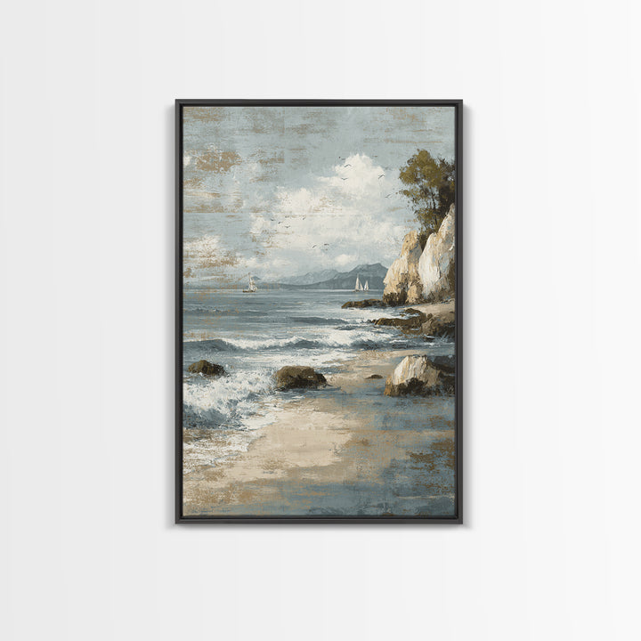 Mediterranean Cove with Cliff Shadows Framed Canvas Print, Coastal Art, Wall Art, Coastal Decor, Fine Art, Coastal, Bird Art, COA-2x3-1