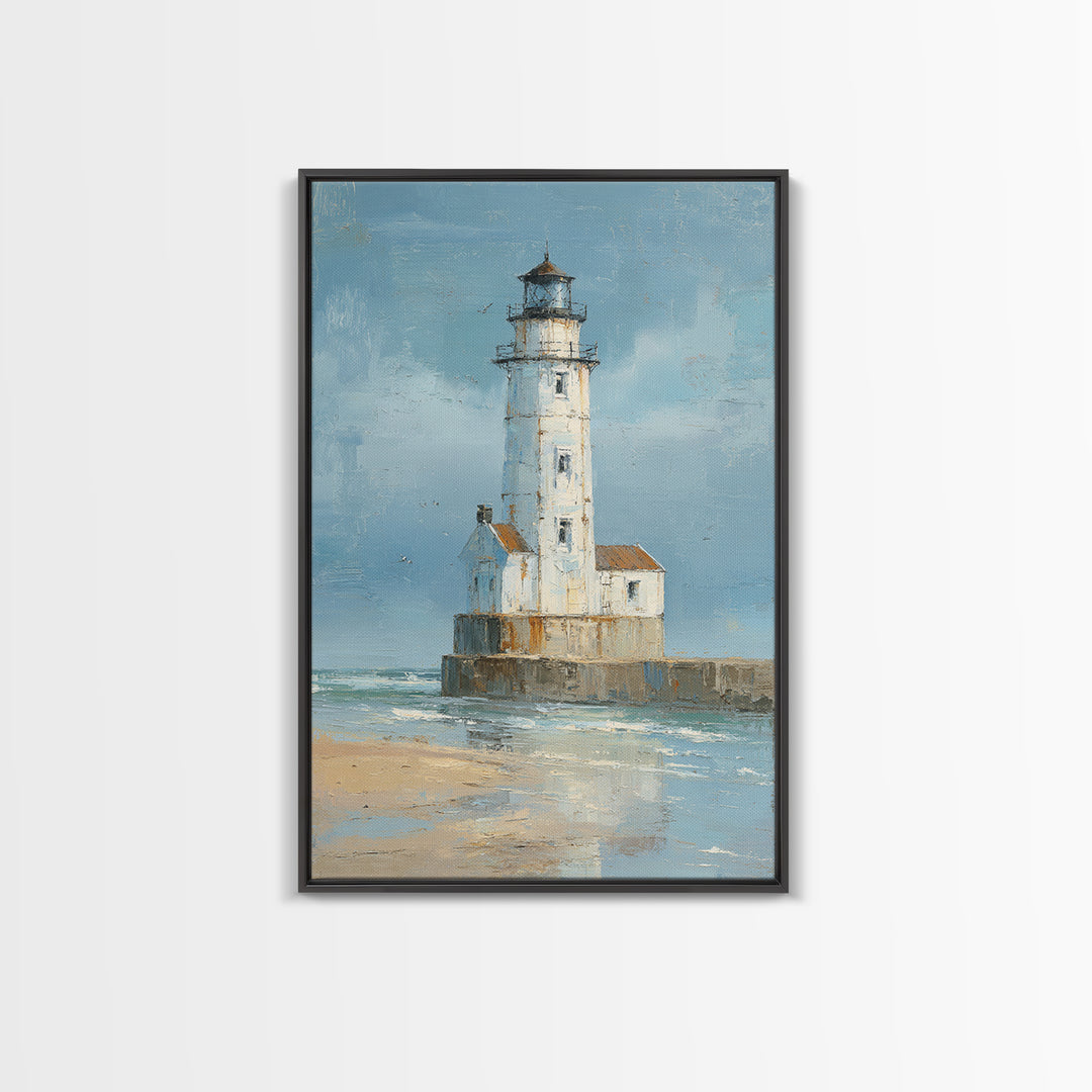 Whitewashed Lighthouse Against Cloudy Sky Framed Canvas Print, Coastal Art, Wall Art, Coastal Decor, Fine Art, Coastal, COA-2x3-38