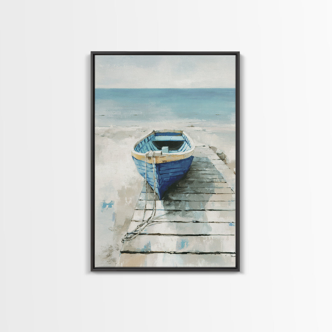 Small Rowboat Tied to a Wooden Dock Framed Canvas Print, Coastal Art, Room Decor, Coastal Decor, Oil Painting, Coastal, COA-2x3-51