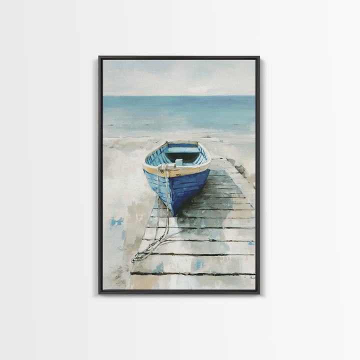 Small Rowboat Tied to a Wooden Dock Framed Canvas Print, Coastal Art, Room Decor, Coastal Decor, Oil Painting, Coastal, COA-2x3-51