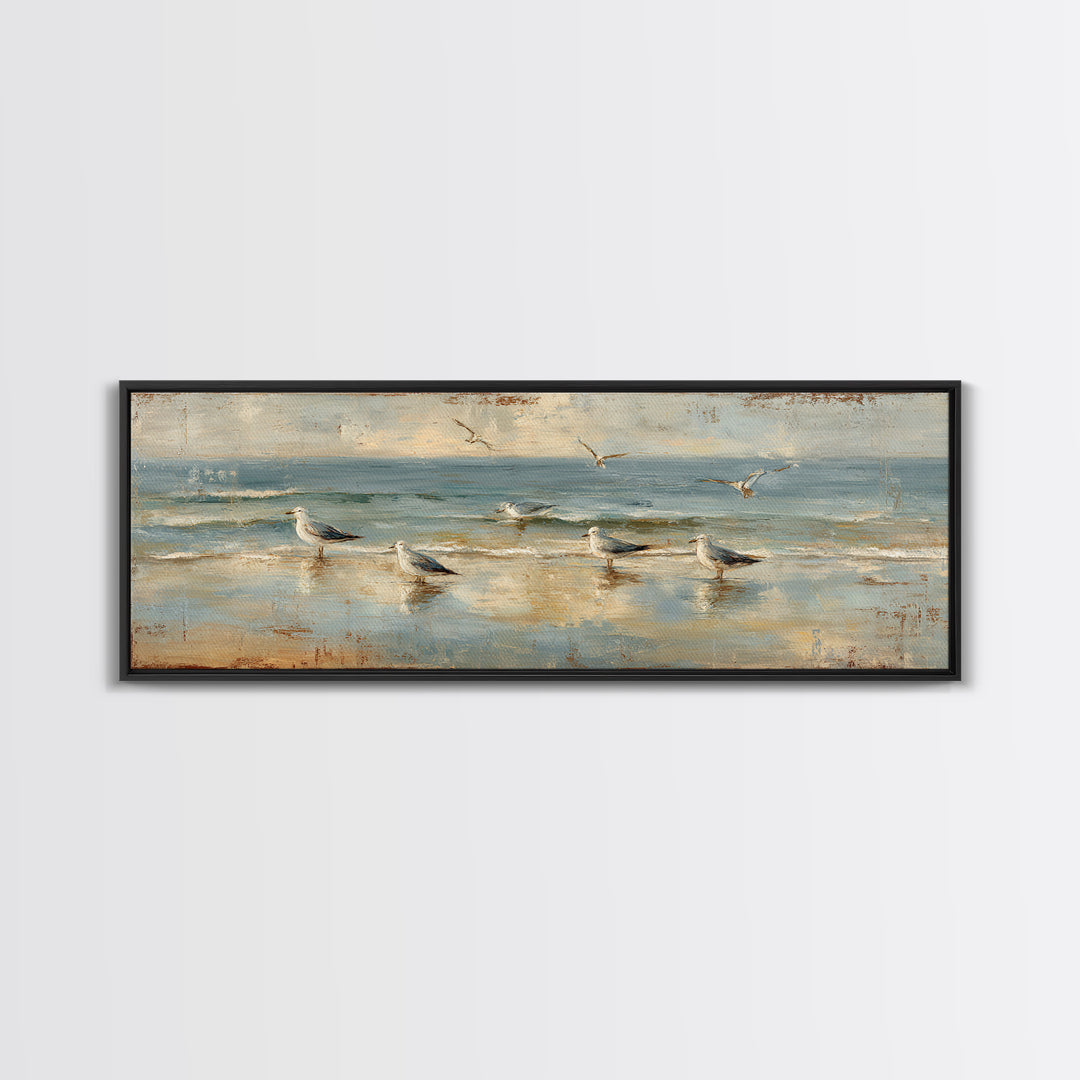 Seagulls Crossing a Muted Sky Framed Canvas Print, Coastal Art, Original Painting, Coastal Decor, Coastal, Beach Decor, COA-3x1-2