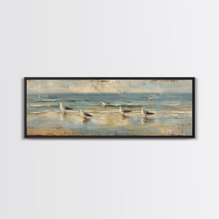 Seagulls Crossing a Muted Sky Framed Canvas Print, Coastal Art, Original Painting, Coastal Decor, Coastal, Beach Decor, COA-3x1-2