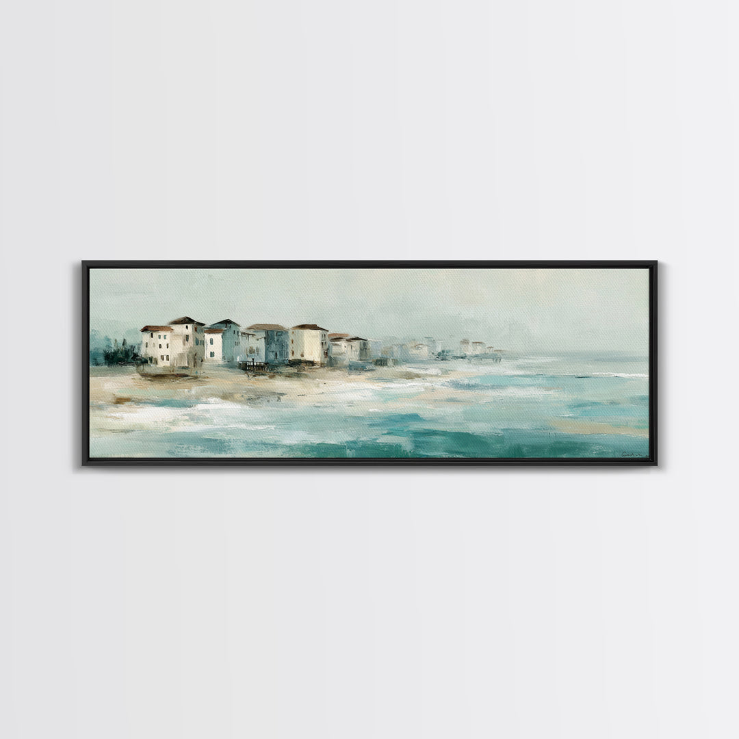Coastal Village Rooftops Seen from the Sea Canvas Print, Coastal Art, Beach Wall Art, Coastal Decor, Abstract Art, Coastal, COA-3x1-25