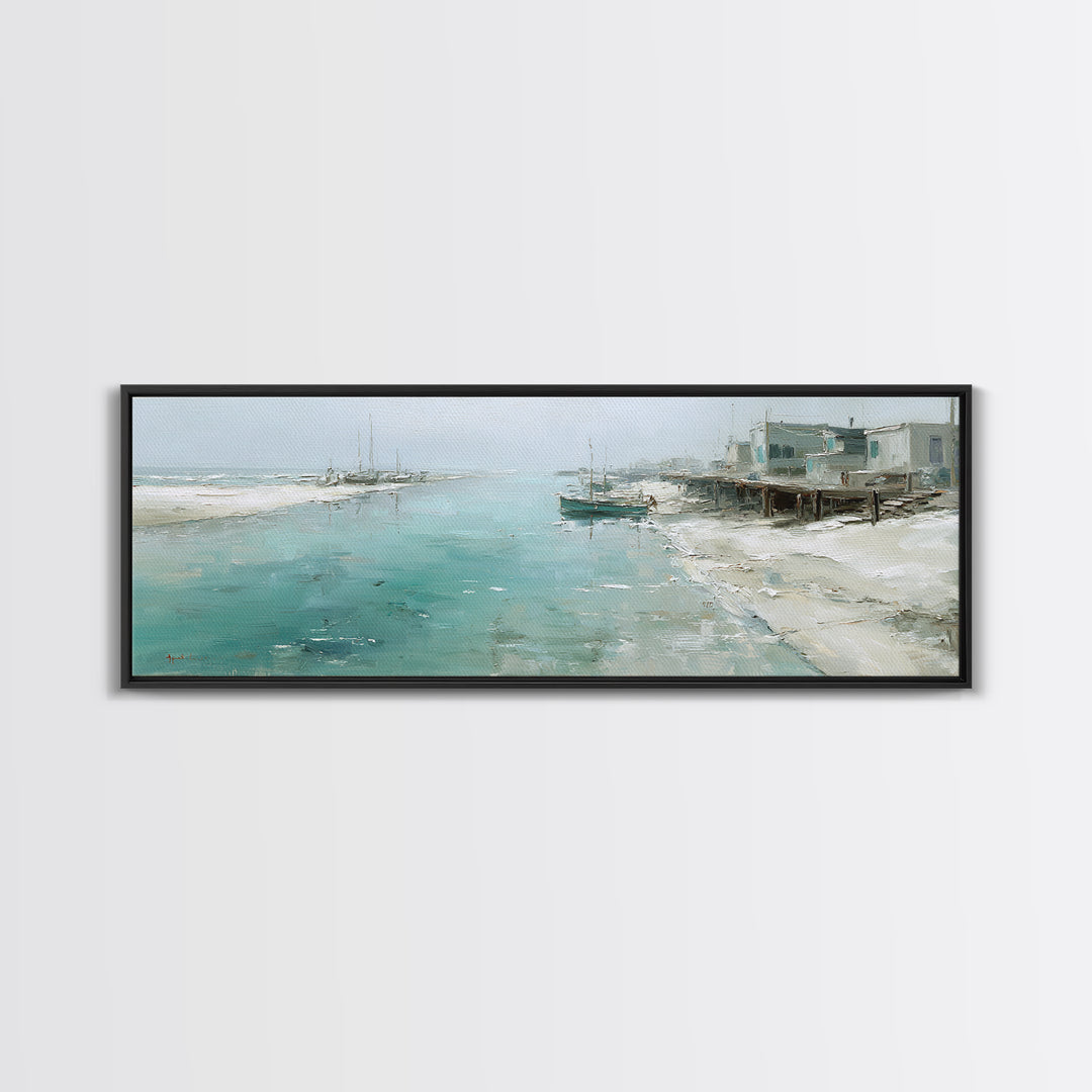 Foggy Harbor with Distant Boats Framed Canvas Print, Coastal Art, Ocean Wall Art, Coastal Decor, Oil Painting, Coastal, COA-3x1-28