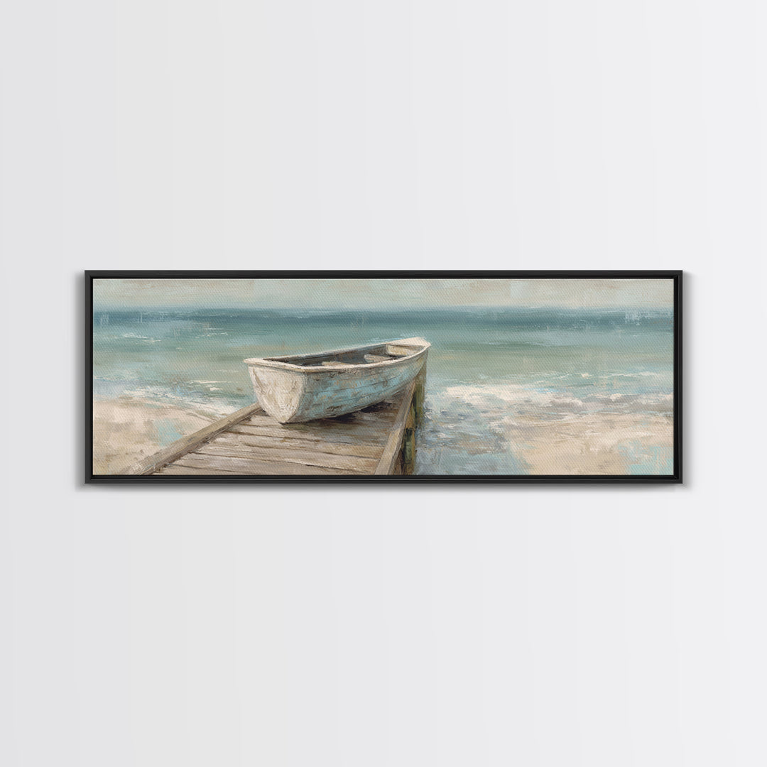 Small Rowboat Tied to a Wooden Dock Framed Canvas Print, Coastal Art, Wall Art, Coastal Decor, Fine Art, Coastal, Bird Art, COA-3x1-59