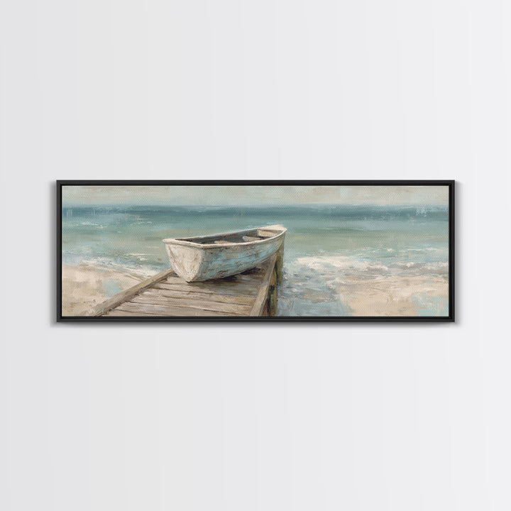 Small Rowboat Tied to a Wooden Dock Framed Canvas Print, Coastal Art, Wall Art, Coastal Decor, Fine Art, Coastal, Bird Art, COA-3x1-59