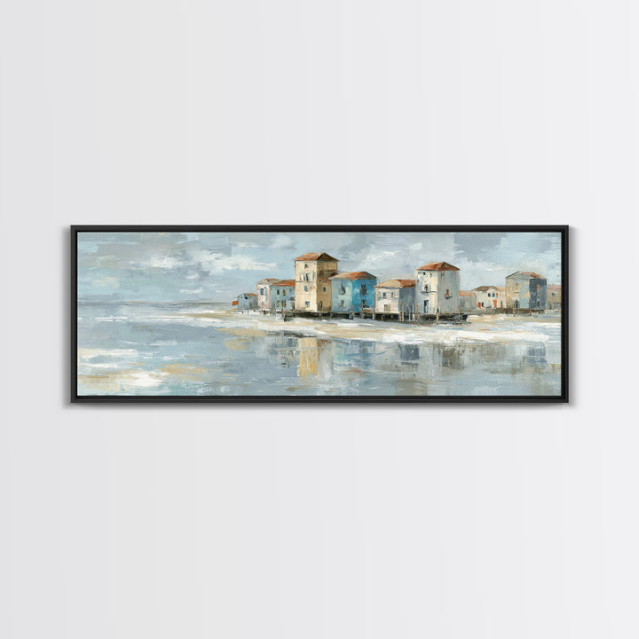 Coastal Village Rooftops Seen from the Sea Framed Canvas Print, Coastal Art, Living Room Art, Coastal Decor, Fine Art, Coastal, COA-3x1-73