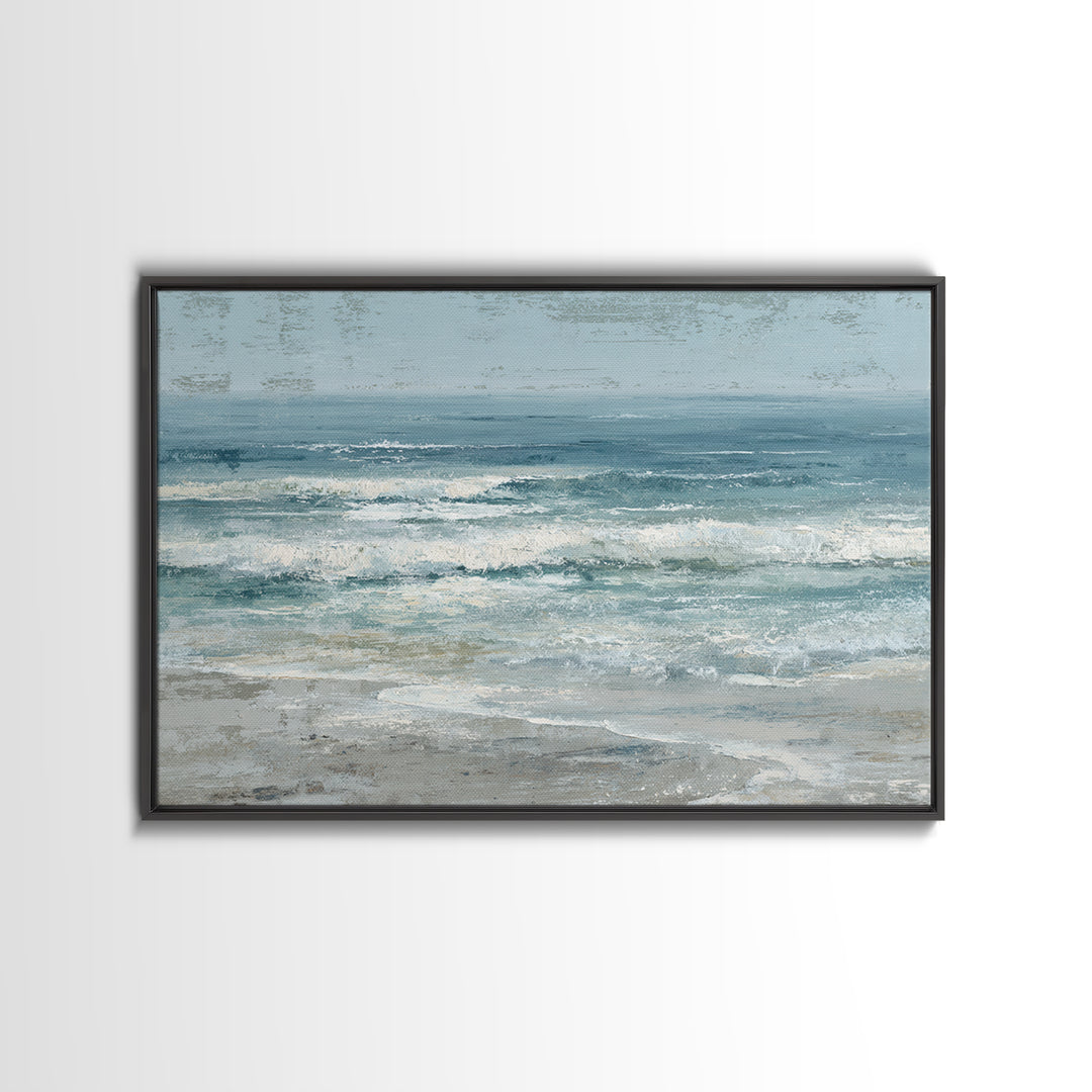 Moonlit Ocean with Silver Surf Framed Canvas Print, Coastal Art, Coastal Wall Art, Coastal Decor, Coastal, Ocean Wall Art, COA-3x2-50