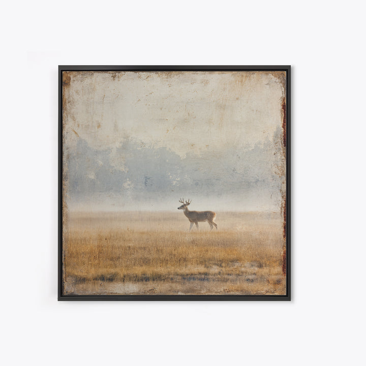 Deer Crossing a Misty Morning Field Framed Canvas Print, Country Art, Large Wall Art, Farmhouse Decor, Fine Art, Country, COU-1x1-11