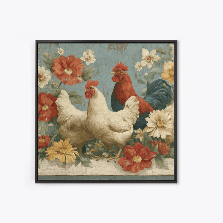 Chickens Pecking Near Garden Flowers Canvas Print, Country Art, Digital Art Prints, Farmhouse Decor, Fine Art, Country, COU-1x1-14