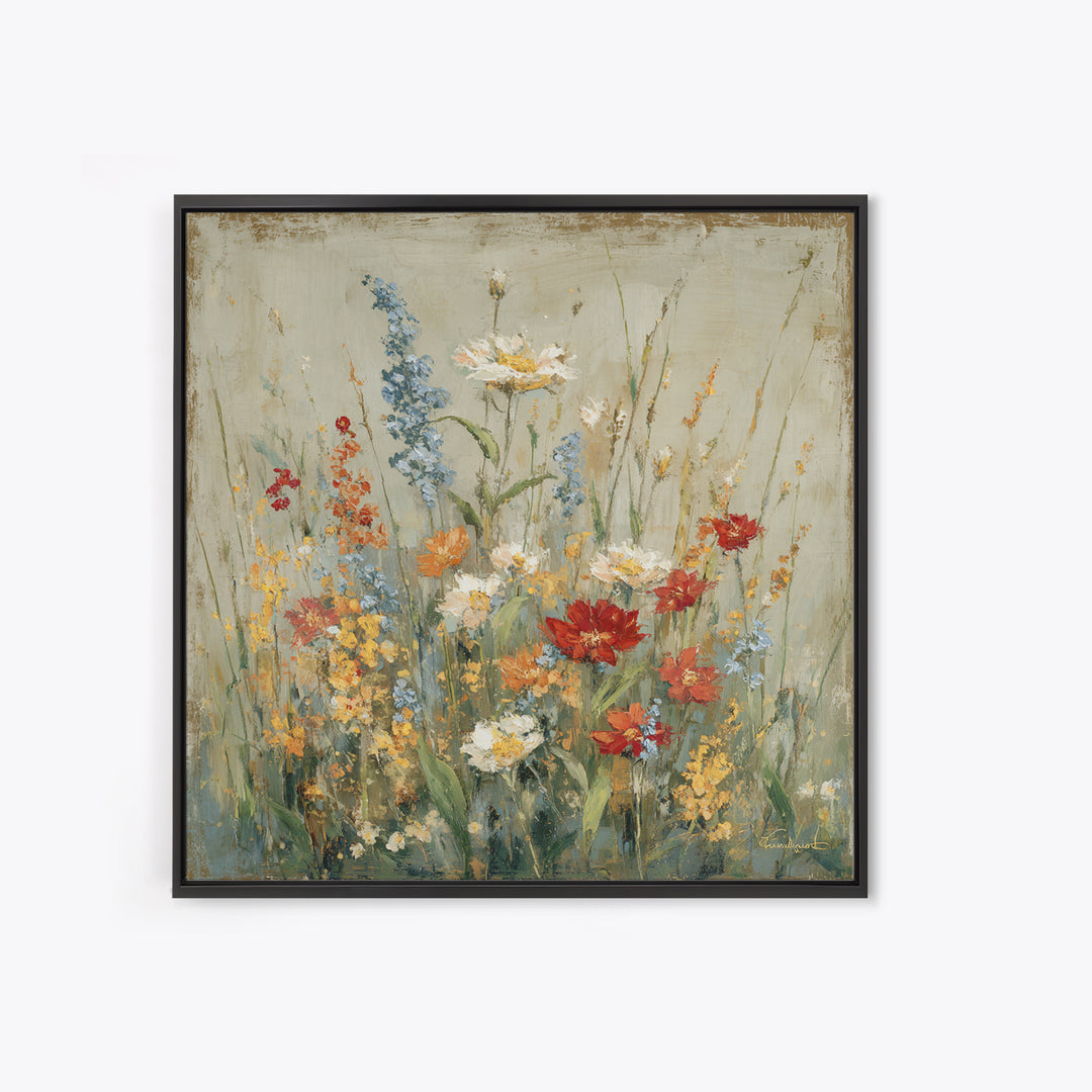 Wildflower Meadow Beside an Old Fence Framed Canvas Print, Country Art, Watercolor Painting, Farmhouse Decor, Oil Painting, COU-1x1-2