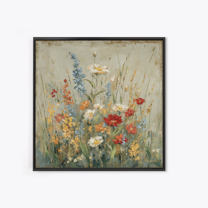 Wildflower Meadow Beside an Old Fence Framed Canvas Print, Country Art, Watercolor Painting, Farmhouse Decor, Oil Painting, COU-1x1-2