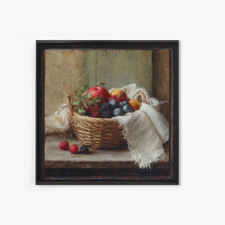 Blackberry Basket with Linen Cloth Framed Canvas Print, Country Art, French Country, Farmhouse Decor, Fine Art, Country, COU-1x1-21