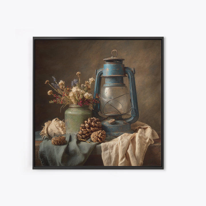 Old Lantern and Pinecones Still Life Framed Canvas Print, Country Art, Landscape Painting, Farmhouse Decor, Watercolor Art, COU-1x1-24