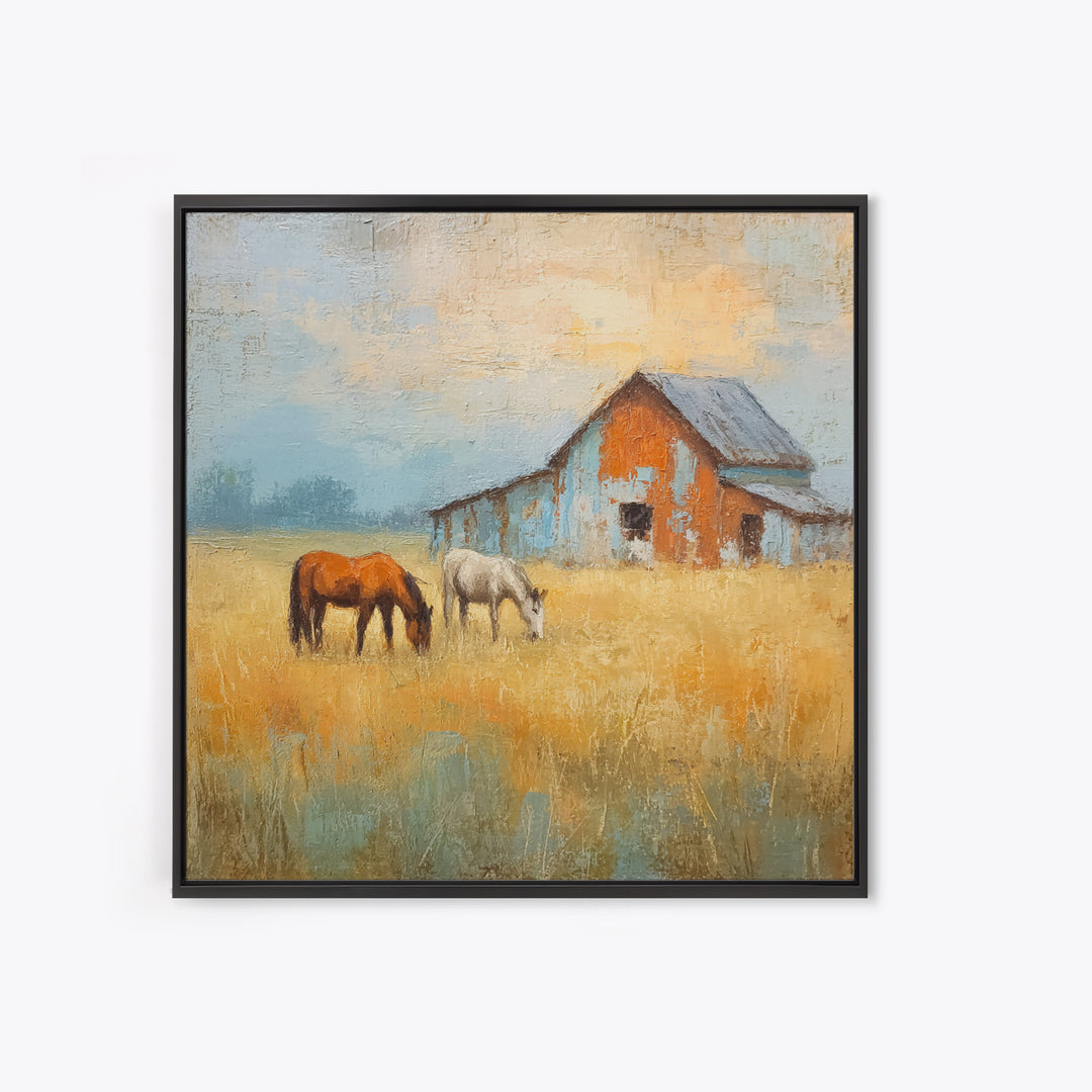 Rolling Pasture with Grazing Horses at Sunrise Canvas Print, Country Art, Neutral Decor, Farmhouse Decor, Fine Art, Country, COU-1x1-25