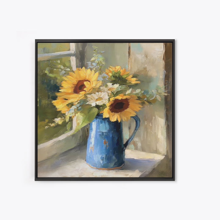 Sunflowers in a Blue Enamel Pitcher Framed Canvas Print, Country Art, Gallery Decor, Farmhouse Decor, Fine Art, Country, COU-1x1-32