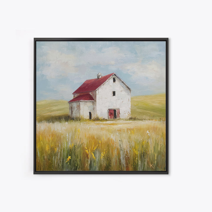White Farmhouse Surrounded by Tall Grass Framed Canvas Print, Country Art, French Country, Farmhouse Decor, Watercolor Art, COU-1x1-34