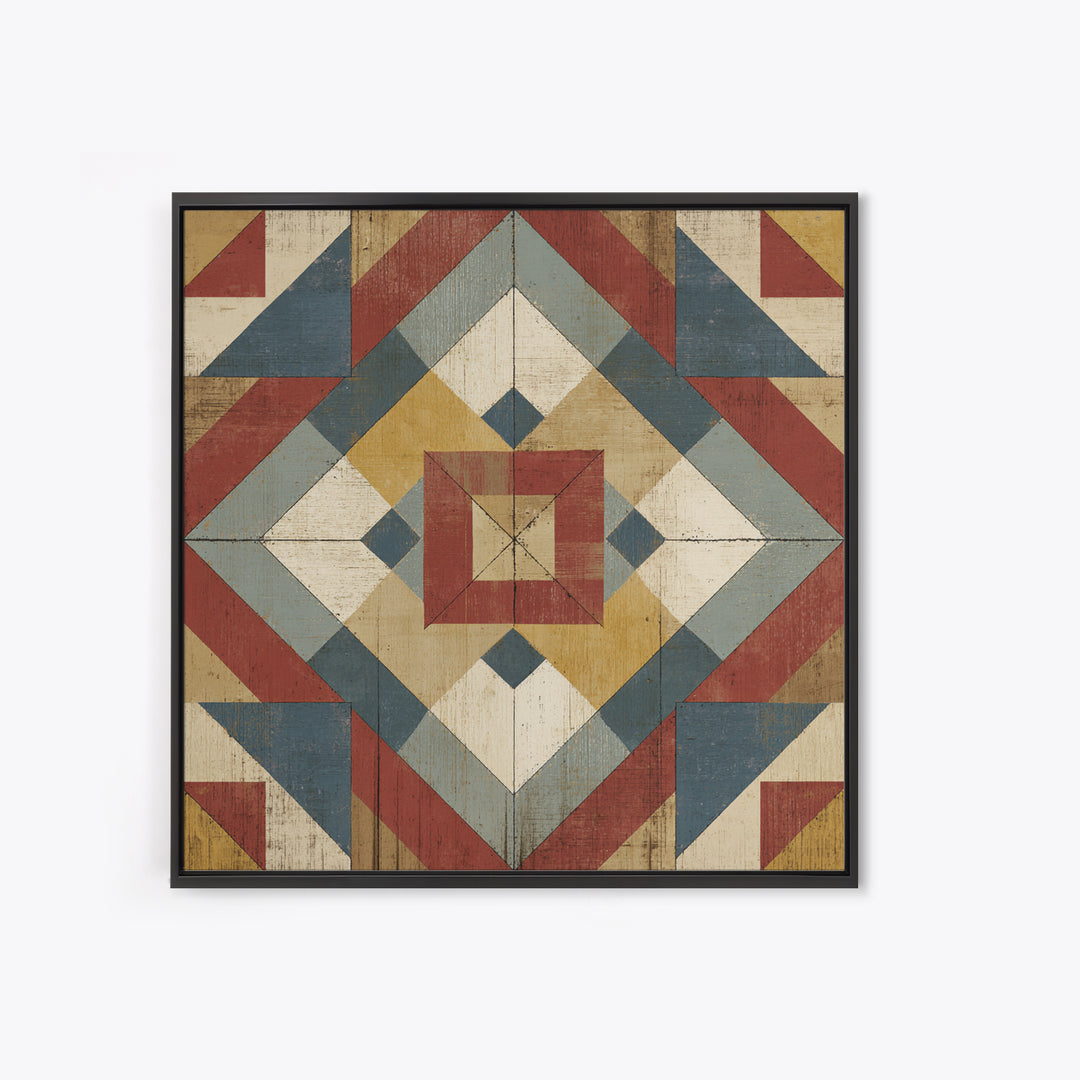 Quilt Geometric Folk Pattern Canvas Print, Country Art, Oil Painting, Farmhouse Decor, Abstract Art, Country, COU-1x1-36