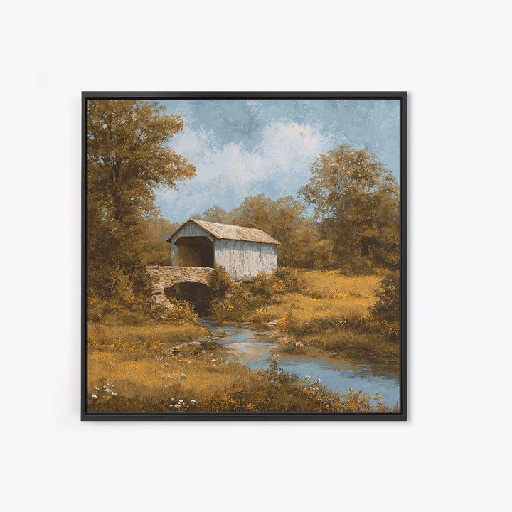 Covered Bridge over a Quiet Creek Framed Canvas Print, Country Art, Watercolor Painting, Farmhouse Decor, Fine Art, Country, COU-1x1-39