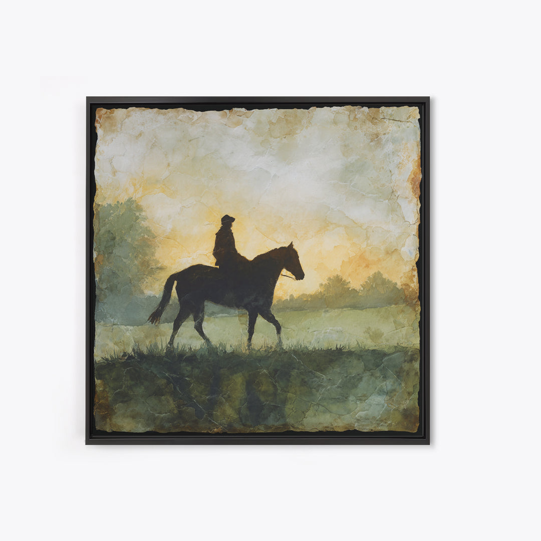 Horse and Rider Silhouette at Dusk Framed Canvas Print, Country Art, Gallery Decor, Farmhouse Decor, Fine Art, Country, COU-1x1-41