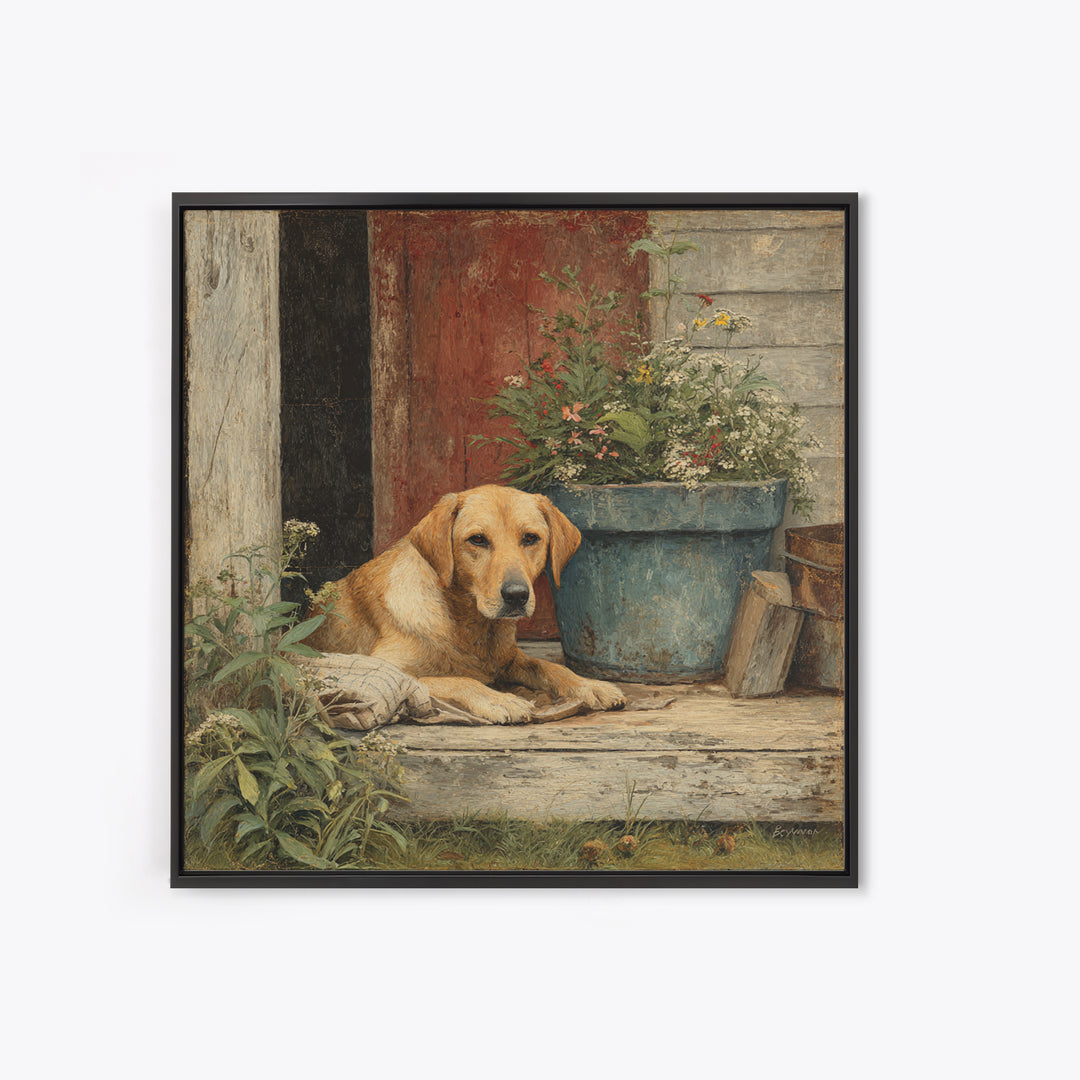 Dog Resting Beside a Porch Flower Pot Framed Canvas Print, Country Art, Landscape Painting, Farmhouse Decor, Oil Painting, COU-1x1-46