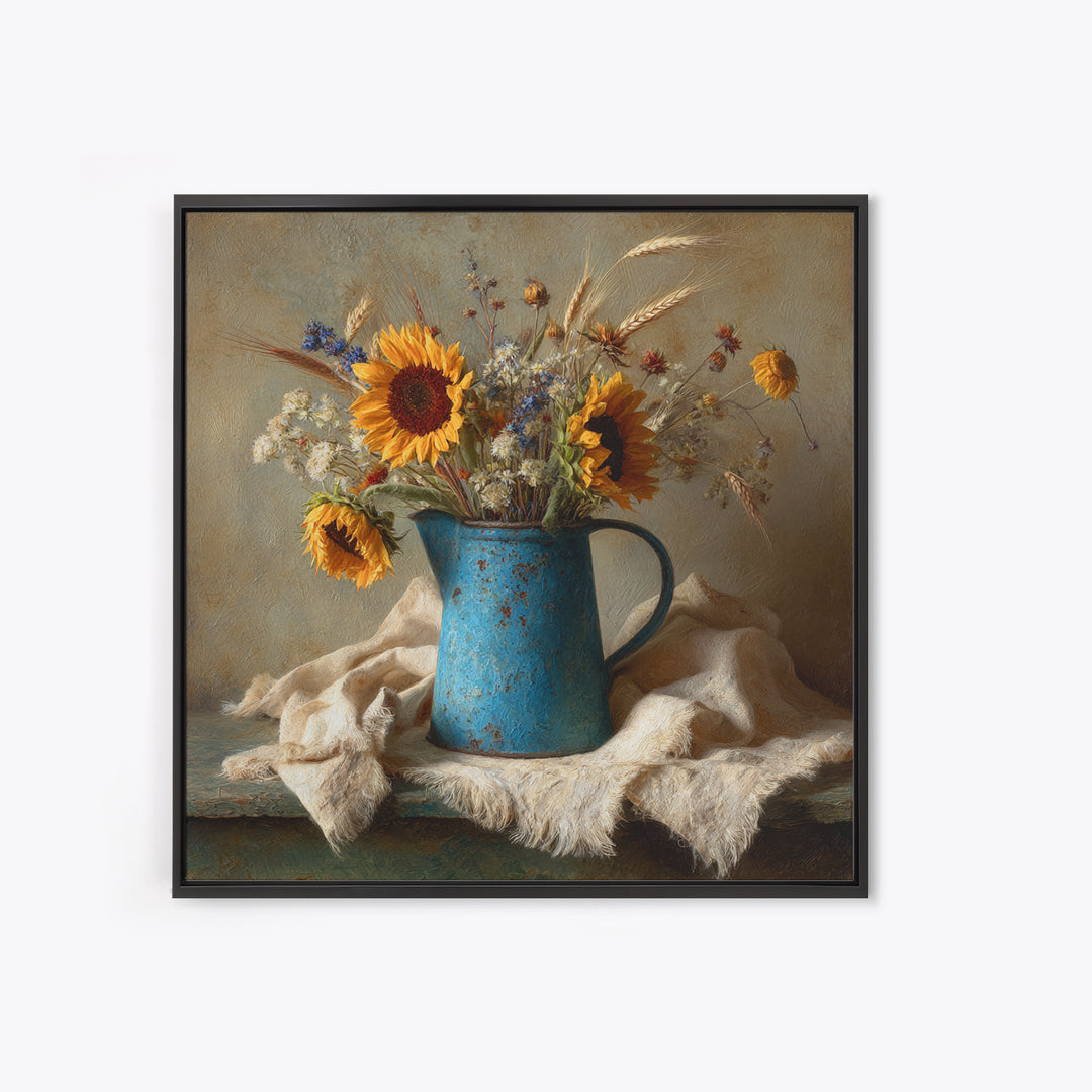 Sunflowers in a Blue Enamel Pitcher Framed Canvas Print, Country Art, Digital Wall Art, Farmhouse Decor, Fine Art, Country, COU-1x1-56