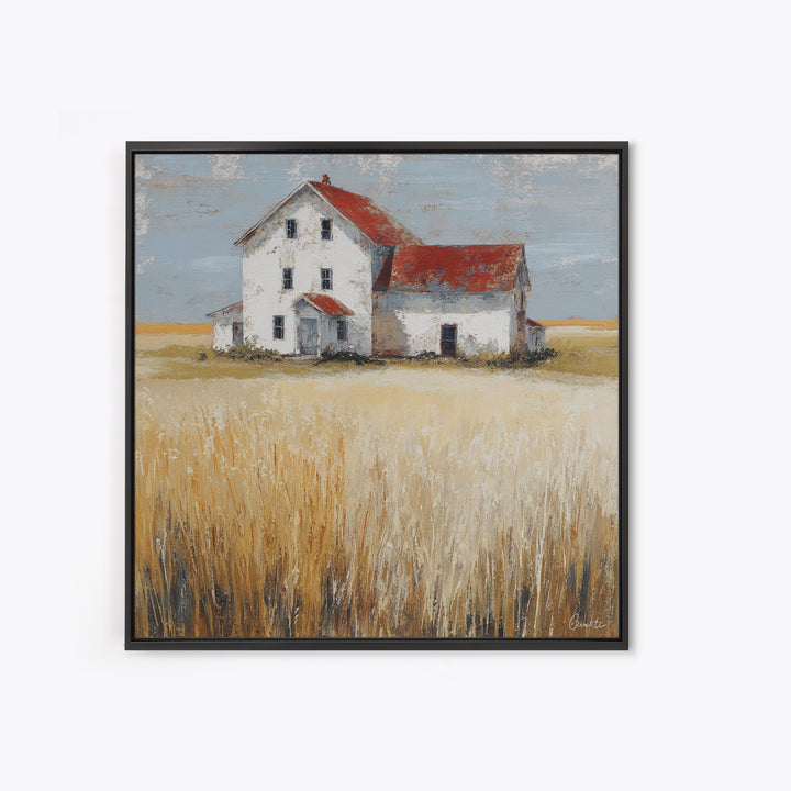White Farmhouse Surrounded by Tall Grass Framed Canvas Print, Country Art, French Country, Farmhouse Decor, Watercolor Art, COU-1x1-58