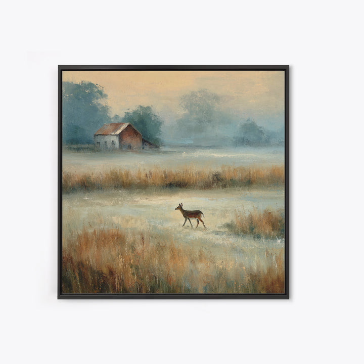 Deer Crossing a Misty Morning Field Canvas Print, Country Art, Landscape Wall Art, Farmhouse Decor, Fine Art, Country, COU-1x1-59