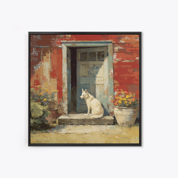 Dog Resting Beside a Porch Flower Pot Framed Canvas Print, Country Art, Landscape Painting, Farmhouse Decor, Oil Painting, COU-1x1-70