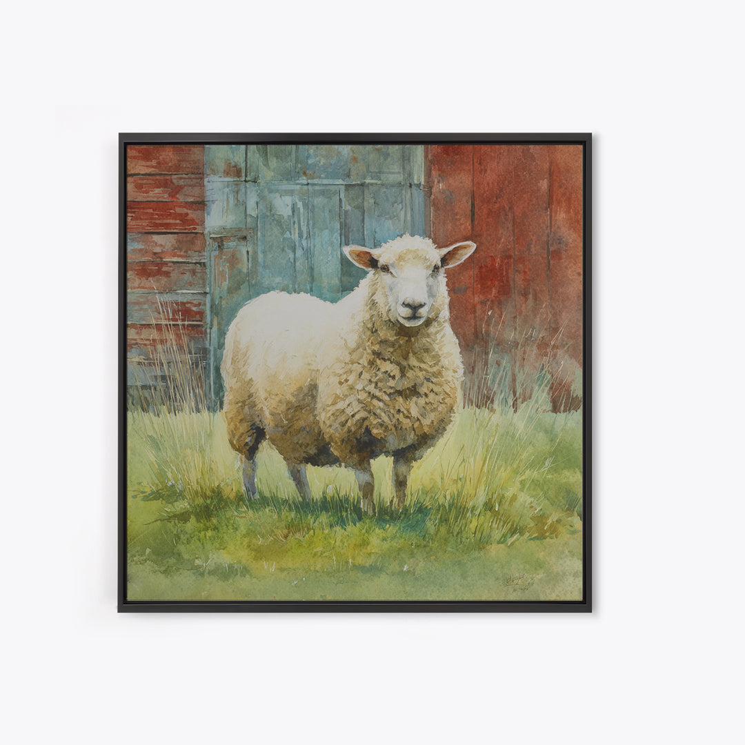 Watercolor Sheep in a Green Pasture Framed Canvas Print, Country Art, French Country, Farmhouse Decor, Fine Art, Country, COU-1x1-71