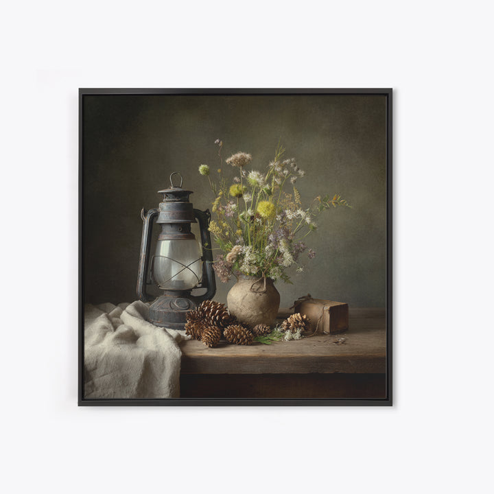 Old Lantern and Pinecones Still Life Framed Canvas Print, Country Art, French Country Decor, Farmhouse Decor, Abstract Art, COU-1x1-72