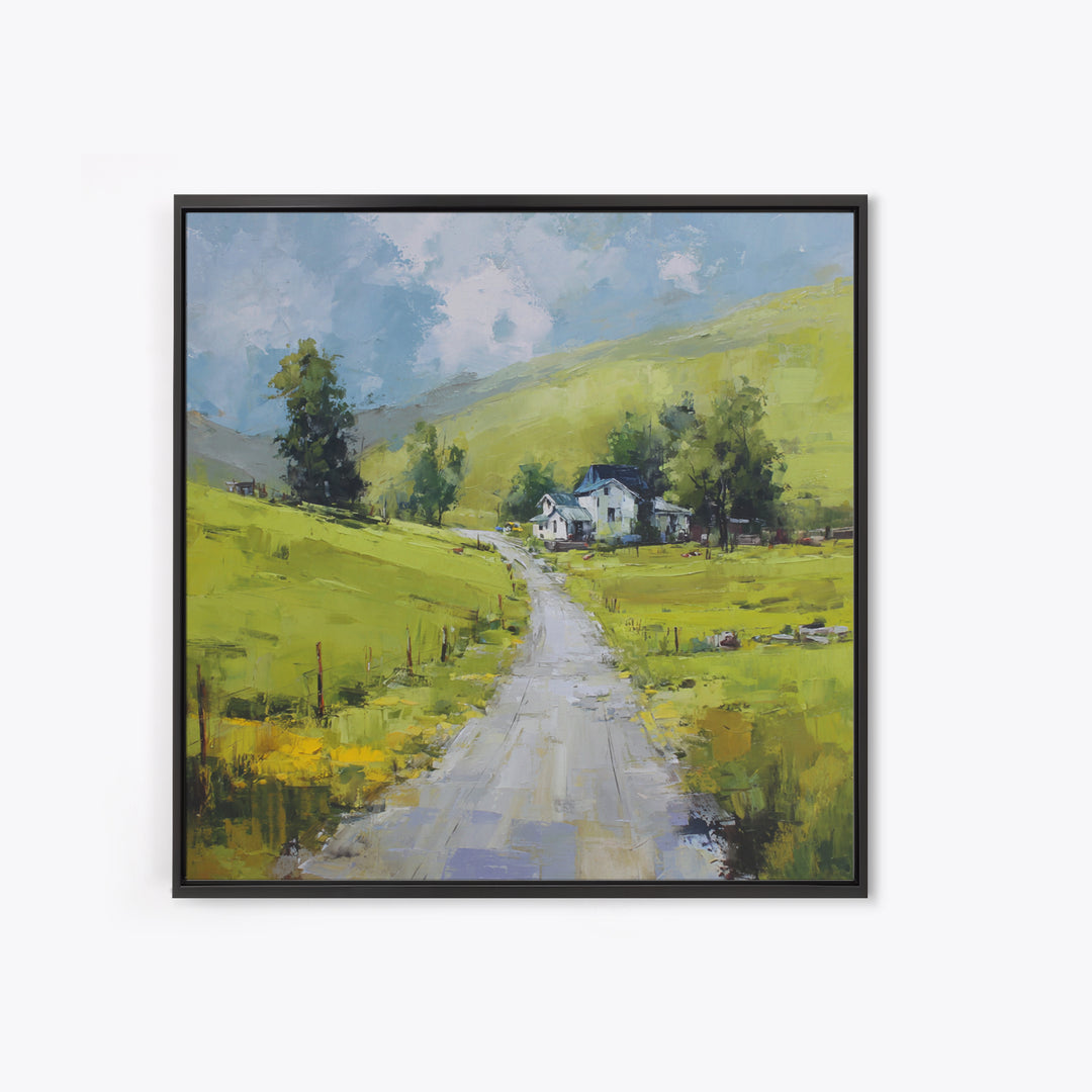 Country Road Disappearing into Green Hills Framed Canvas Print, Country Art, Modern Decor, Farmhouse Decor, Oil Painting, COU-1x1-79