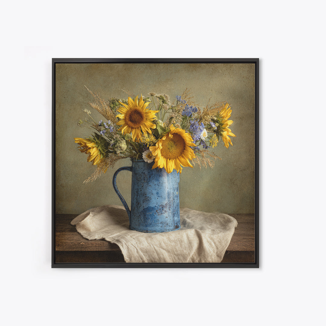 Sunflowers in a Blue Enamel Pitcher Framed Canvas Print, Country Art, Original Painting, Farmhouse Decor, Oil Painting, Country, COU-1x1-8