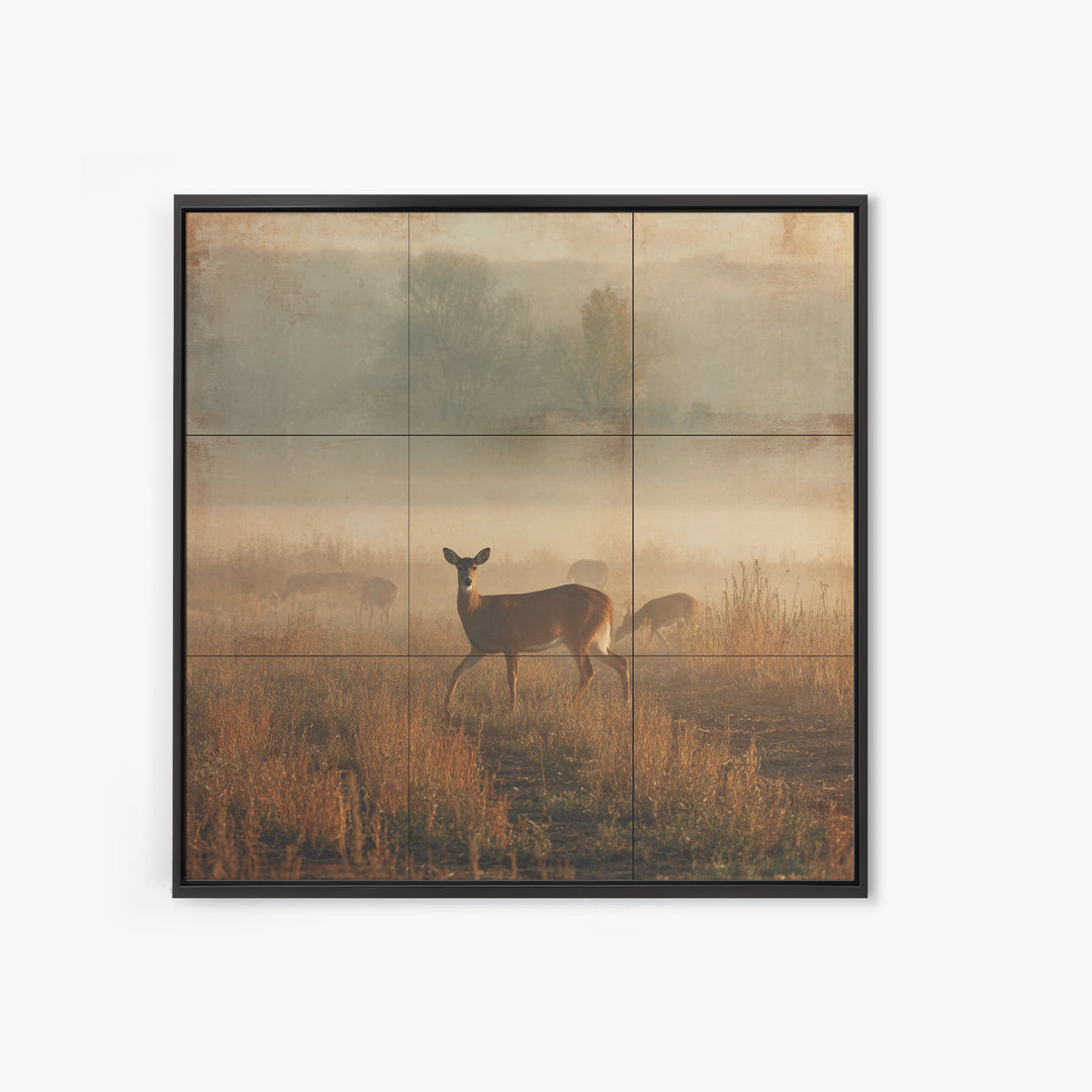 Deer Crossing a Misty Morning Field Framed Canvas Print, Country Art, Fine Art Print, Farmhouse Decor, Fine Art, Country, COU-1x1-83