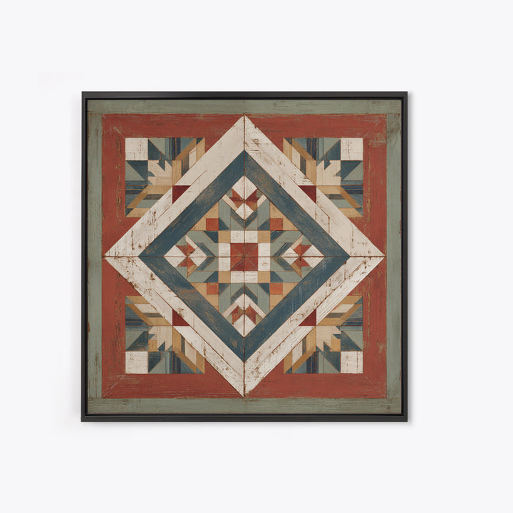 Quilt Geometric Folk Pattern Framed Canvas Print, Country Art, French Country, Farmhouse Decor, Fine Art, Country, Luxury Decor, COU-1x1-84