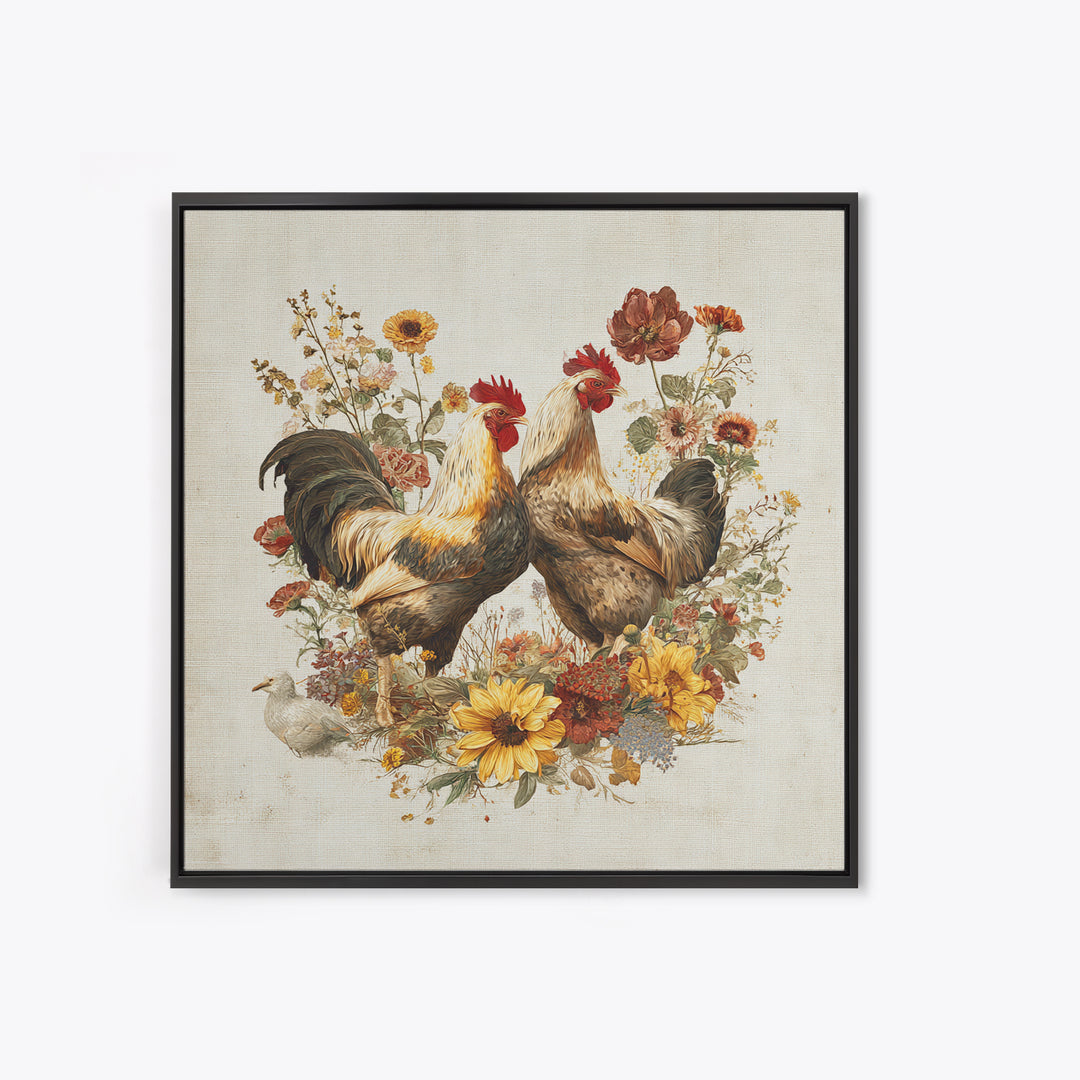 Chickens Pecking Near Garden Flowers Canvas Print, Country Art, Neutral Decor, Farmhouse Decor, Oil Painting, Country, COU-1x1-86