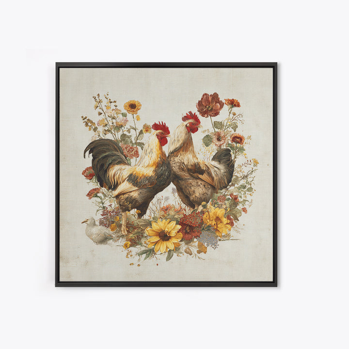 Chickens Pecking Near Garden Flowers Canvas Print, Country Art, Neutral Decor, Farmhouse Decor, Oil Painting, Country, COU-1x1-86