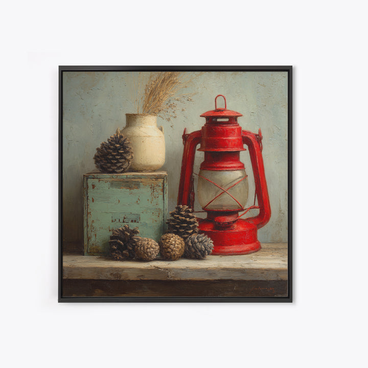 Old Lantern and Pinecones Still Life Framed Canvas Print, Country Art, Digital Prints, Farmhouse Decor, Fine Art, Country, COU-1x1-96