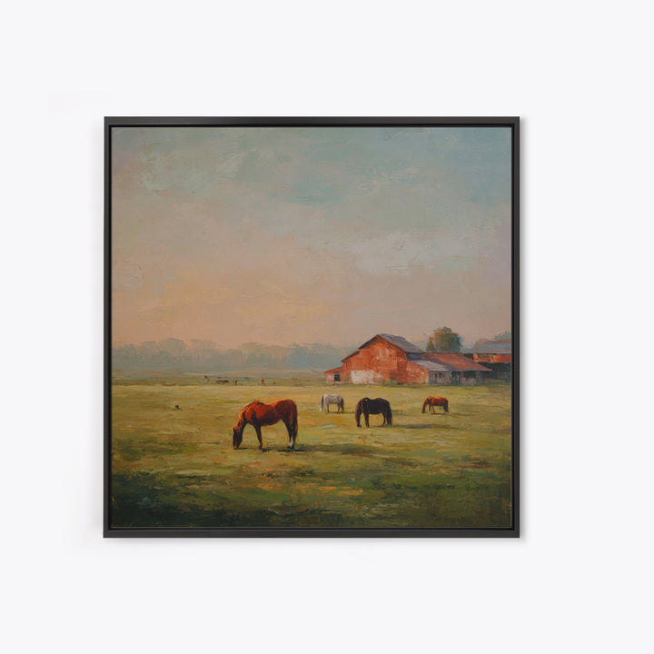 Rolling Pasture with Grazing Horses at Sunrise Canvas Print, Country Art, Wall Art, Farmhouse Decor, Oil Painting, Country, COU-1x1-97