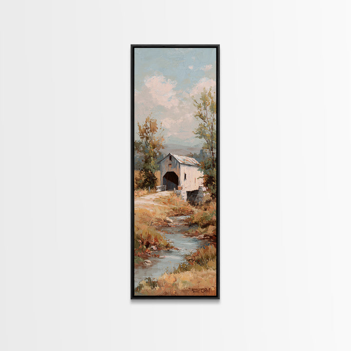 Covered Bridge over a Quiet Creek Canvas Print, Country Art, Digital Prints, Farmhouse Decor, Oil Painting, Country, COU-1x3-27